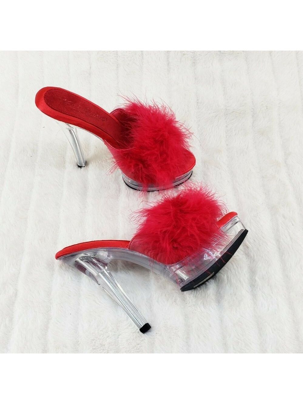 Majesty 501 Marabou Feather Slip On Platform Sandals 6" Stiletto Heel Shoes Red